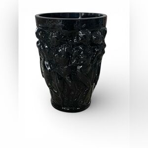 Handcrafted Vintage Sculptured Black Crystal Glass Vase 10 Inches Tall